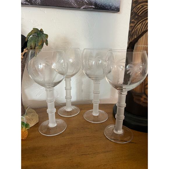 Wells Hand Blown Wine Glasses Set of 4 Etched Palm Trees Frosted Bamboo Stem - Picture 4 of 7